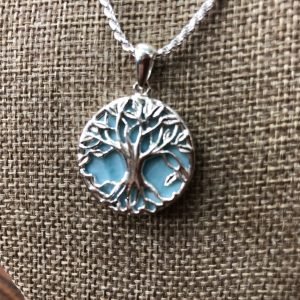 Tree of life 925 sterling silver Larimar stone pendant and chain